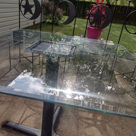 Antique French Wrought Iron Forged Outdoor Chairs w Wrought Iron Glass Top Table - Picture 13 of 16